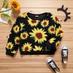 Kid Girl Floral Sunflower Print Fuzzy Sweater